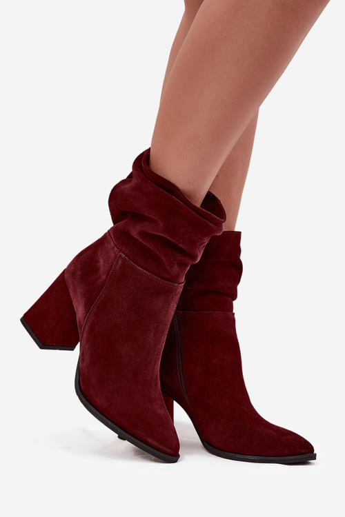 Ankle boots made of natural suede lined with a wedge with ruching Zazoo 4216 Bordeaux