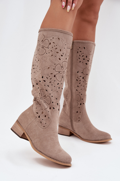 Ladies Cut-Out Ankle Boots With Low Heel Eco Suede Zipped Beige Orchides