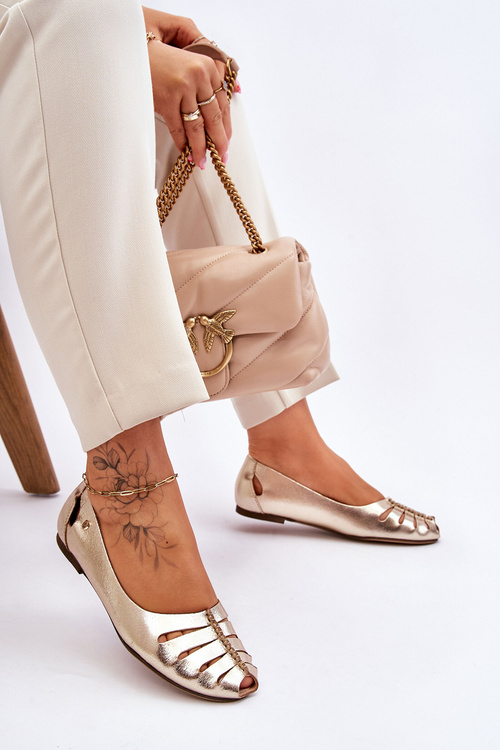 Baleriny Wygodne Skóra Damskie Złote Zazoo 10009