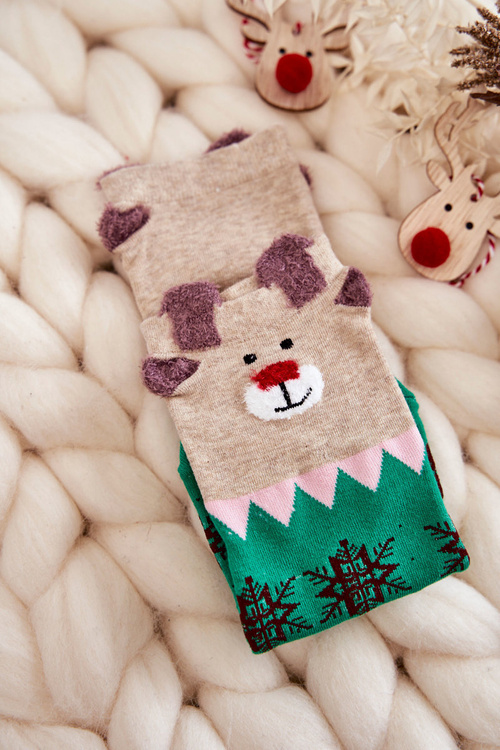 Women's Funny Christmas Socks Reindeer And Snowflakes Green-Beige