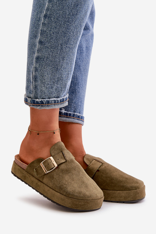 Women's Platform Clogs With Golden Buckle Dark Green Terilaina