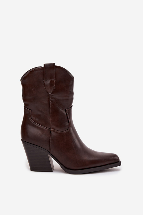Damskie Botki Obcas Słupek Kowbojki Eko Skórzane Czekoladowe Sorelia