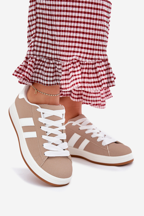 Eko Skórzane Sneakersy Buty Sportowe Damskie Ciemnobeżowe Ravina