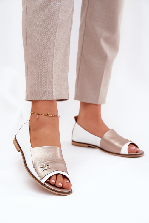 Leather Elegant Ballet Flats With Open Toes White-Gold Zazoo 1865