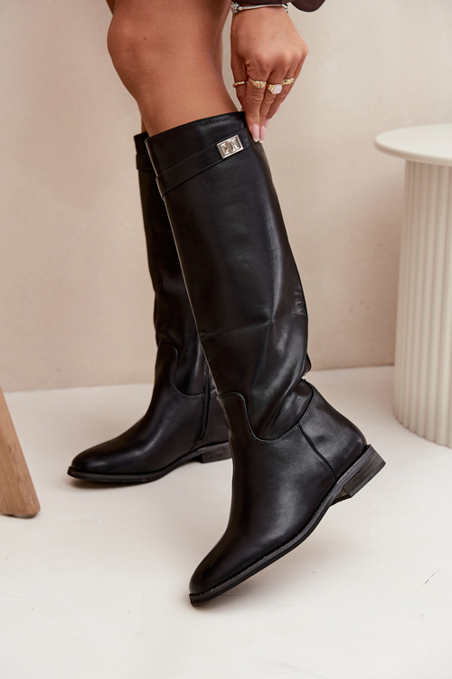 Insulated Women's Boots Flat Heel with Strap and Silver Detail Black Geraline