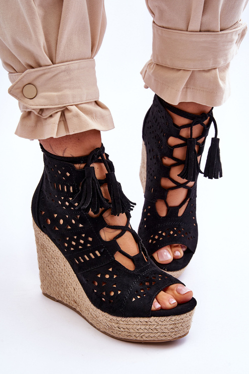 Suede Openwork Wedge Boots Black Berthe