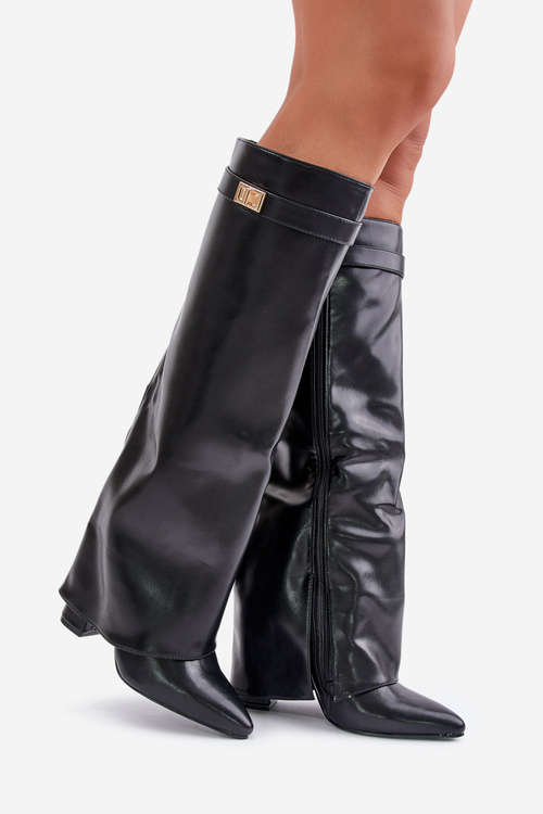 Women's Eco Leather Boots With Rolled Shaft On Heel Black Avamora