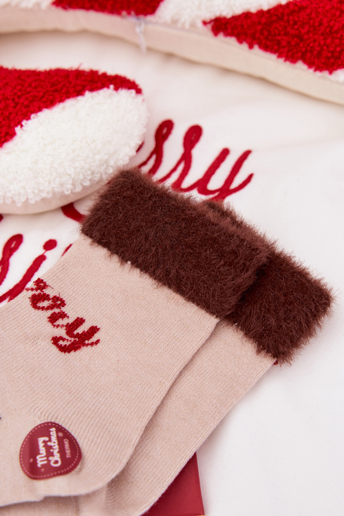 Christmas Children's Socks With Fur And Reindeer Alpaca Wool Beige