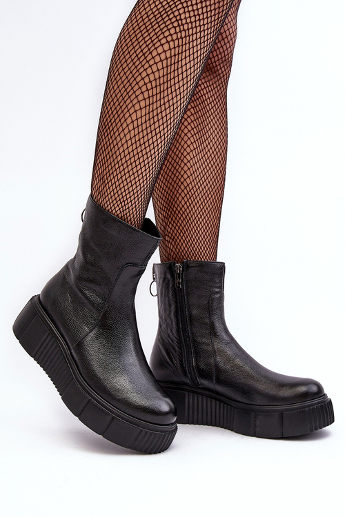 Botki Damskie Skóra Platforma Czarne Lemar Jenefer