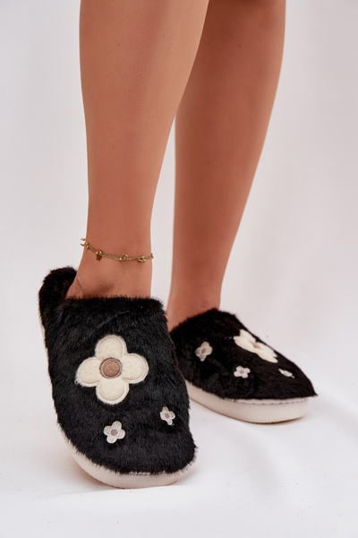 Furry slippers with flowers Black Selinne