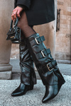 Women's Platform Boots with Turned Top and Silver Buckles Black Sarisse