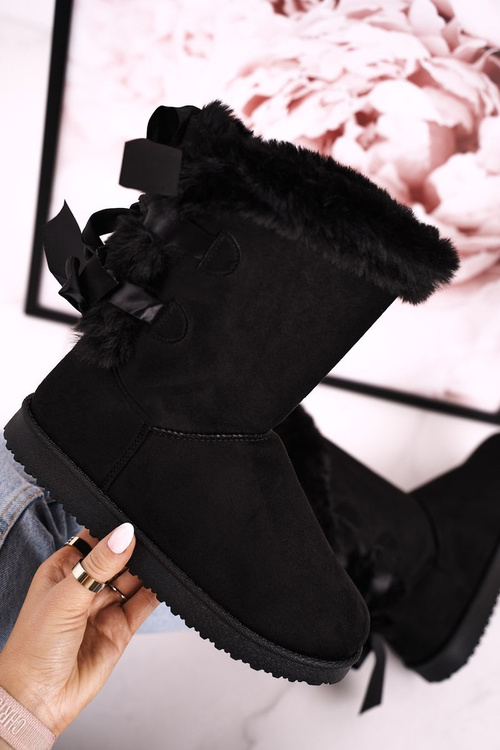 Women's Snow Boots With Ribbon Insulated With Fur Black Kaylee