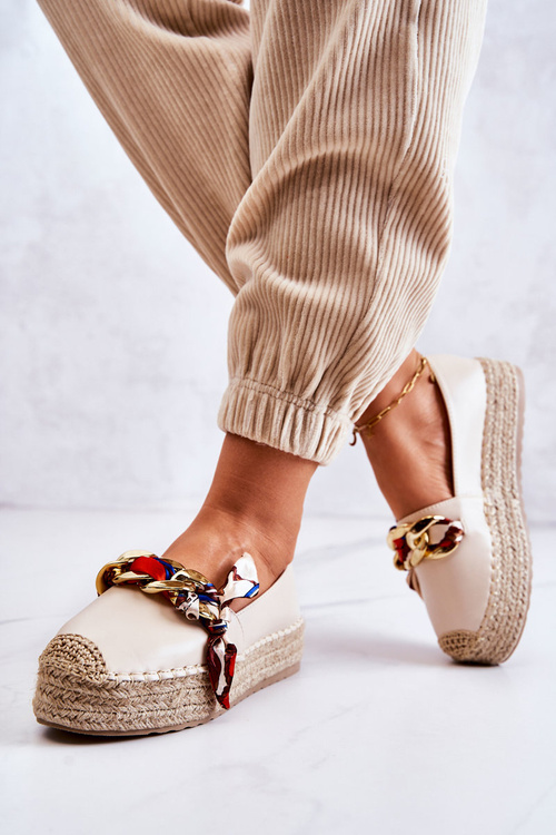 Espadryle Skóra Damskie Ozdobny Łańcuch Jasnobeżowe Fancy