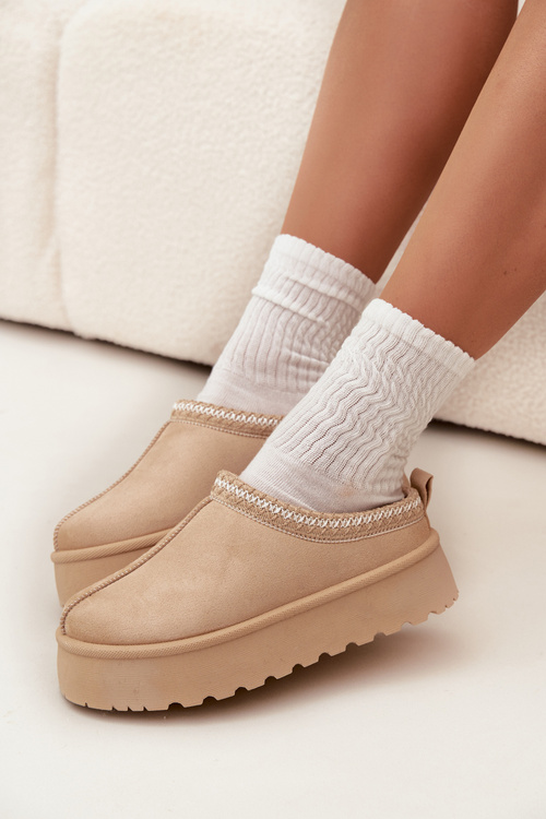 Low Women Snow Boots With Embroidery On Platform Light Beige Narirya