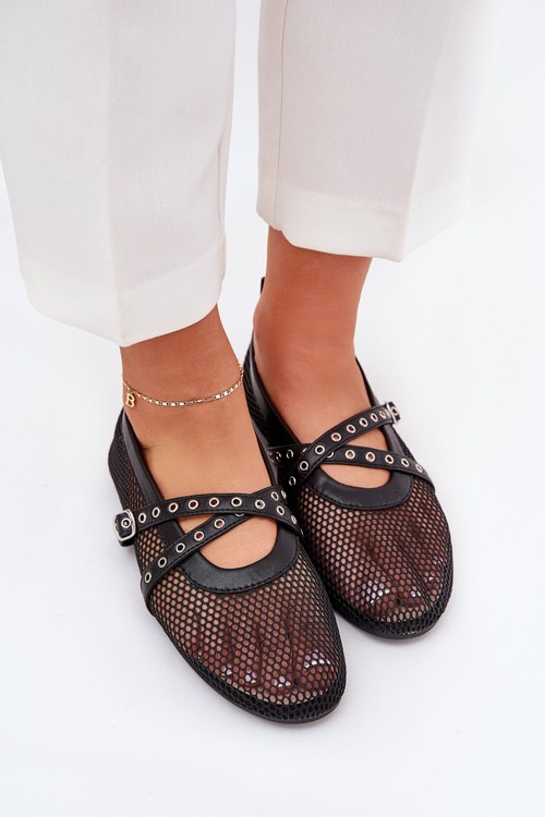 Mesh Flat Ballet Shoes With Straps Black Salliroe