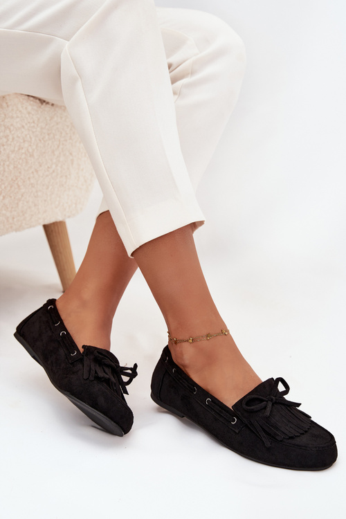 Women's moccasins with fringes and bow black Olivianne