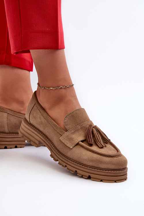 Zazoo 3469 Suede Women's Loafers With Fringes Beige