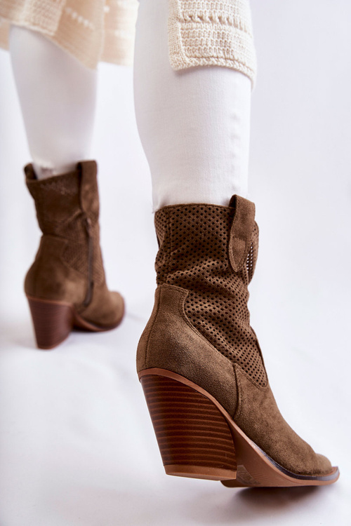 Women's Suede Openwork Boots Cowboy Khaki Eleonore