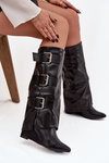 Women's Platform Boots with Turned Top and Silver Buckles Black Sarisse