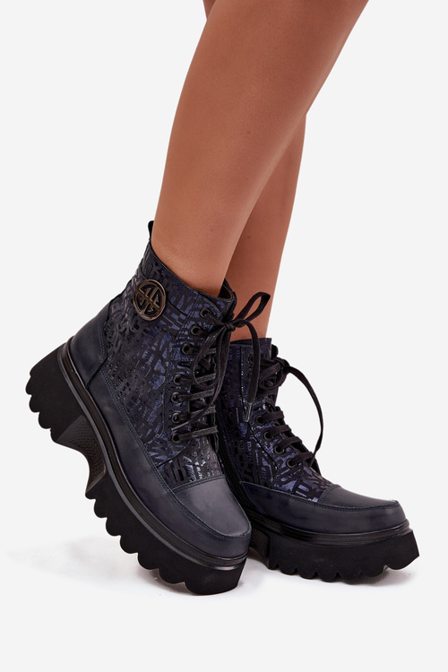 Leather Women's Platform Boots with Texts and Decorative Detail Artiker 57C2271 Navy Blue