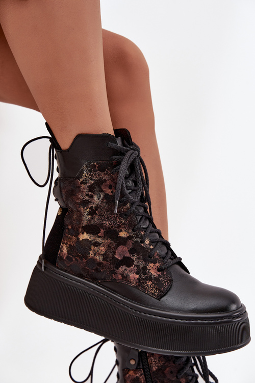 Leather Suede Ankle Boots On Platform Warm Black 06565-01