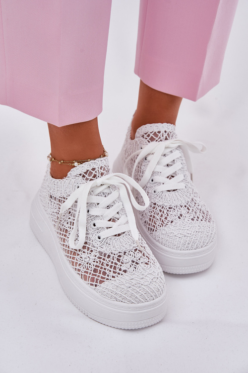 Damskie Sneakersy Z Szydełkową Cholewką Na Platformie Białe Mirietto
