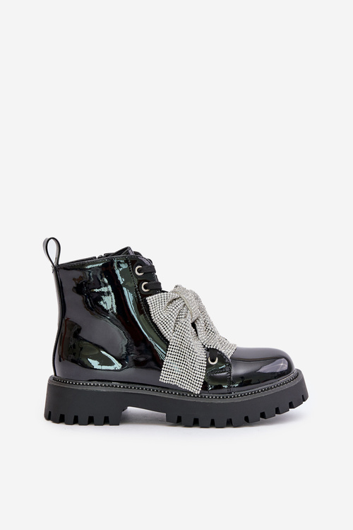 Botki Lakierowane Kokarda Damskie Czarne Ocenttia