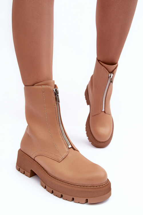 Leather Ankle Boots With Zipper Flat Heel Camel Vimal