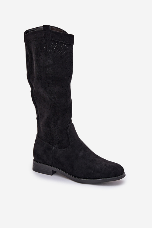 Knee Boots With Perforated Shaft On Flat Heel S.Barski HY51-860 Black