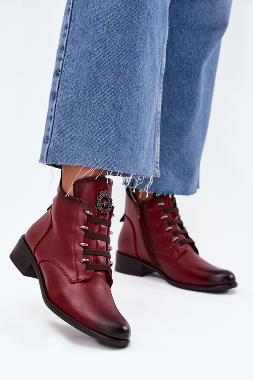 Low insulated ankle boots with zipper and decoration burgundy Nevalia