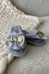 Furry Women's Slippers With Bow And Gold Embellishment Gray Nolara