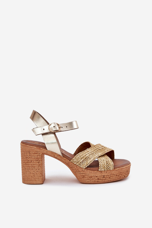 Sandały Na Słupku Skóra Naturalna Plecionka Złote Zazoo 40460