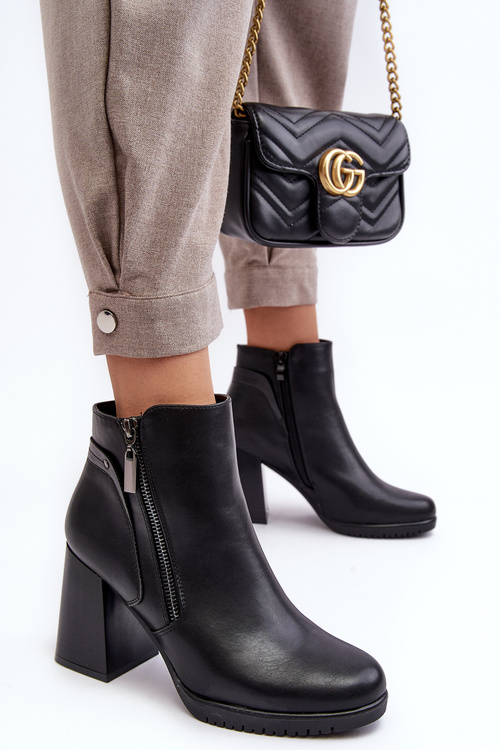 Botki Damskie Słupek Suwaki Czarne Ryelle BT323