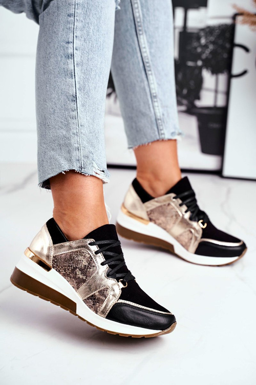 Skórzane Sneakersy Na Koturnie Złote Nicole 2465