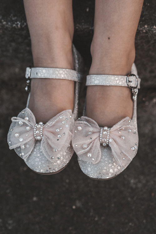 Children's Ballerinas With Velcro Bow Silver-Pink Nicola