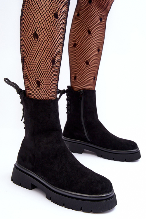 Suede Lace-Up Flat Heel Boots Black Lakyta