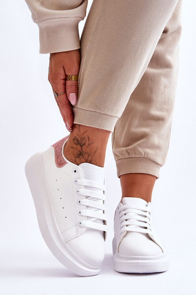 Buty Sportowe Damskie Platforma Brokatowe Biało-Różowe Eliso