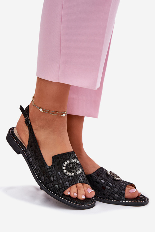 Leather Sandals With Decoration On Flat Heel S.Barski KV51-096 Black