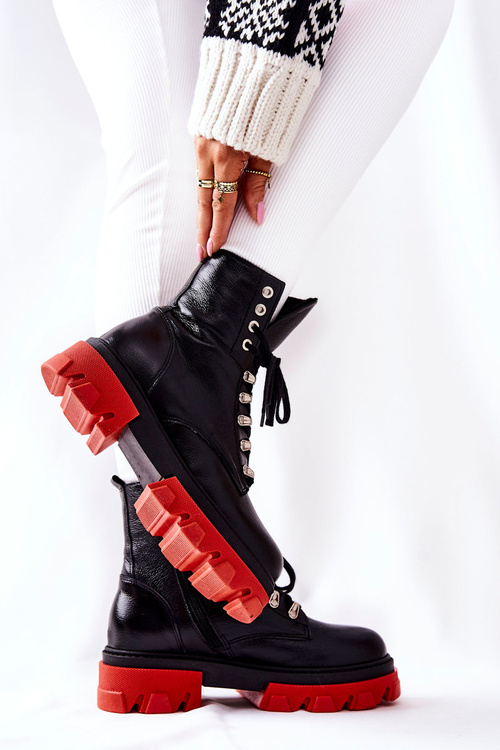 Ocieplane Skórzane Botki Workery Wiązane Czarne Kelley