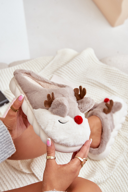Furry Slippers For Women With Reindeer Motif Beige Wistira