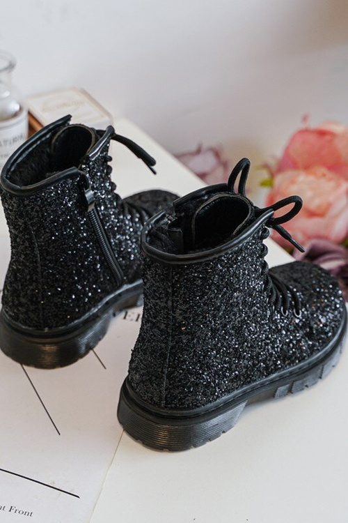 Children's Glittery Lined Boots with Zipper Black Saussa