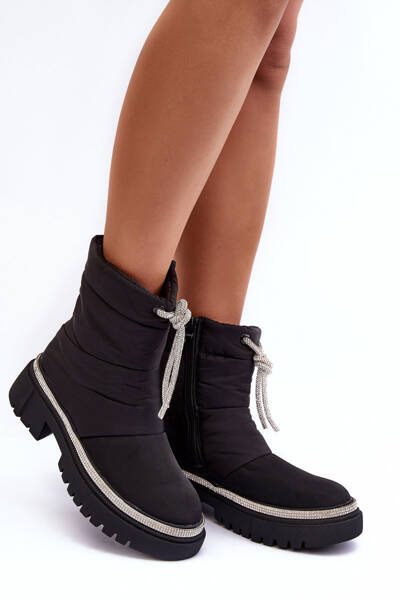 Flat Heel Decorated Snow Boots Black Plotia