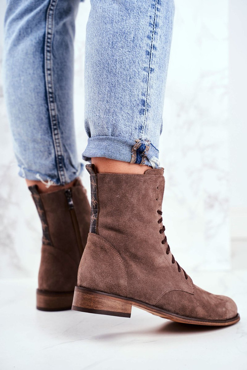 Botki Damskie Skórzane Nubuk Cappuccino Nicole 2593