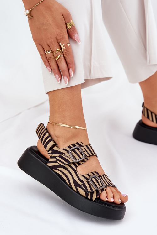 Women's Platform And Wedge Sandals With Buckles Zebra Beige-Black Genorre