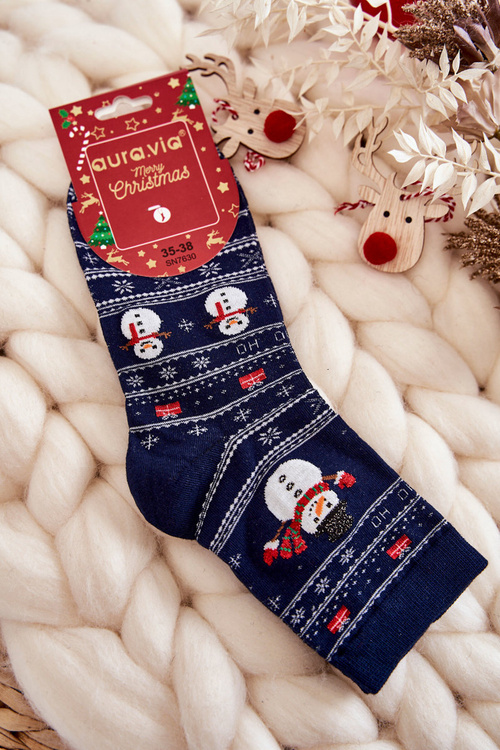 Women's Cotton Christmas Socks Snowmen Navy Blue