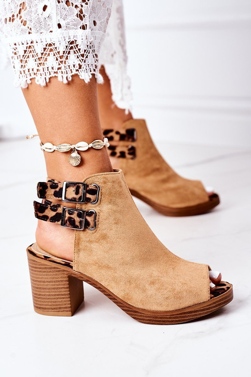 Suede Sandals On A Block Heel Lu Boo Camel Leopard