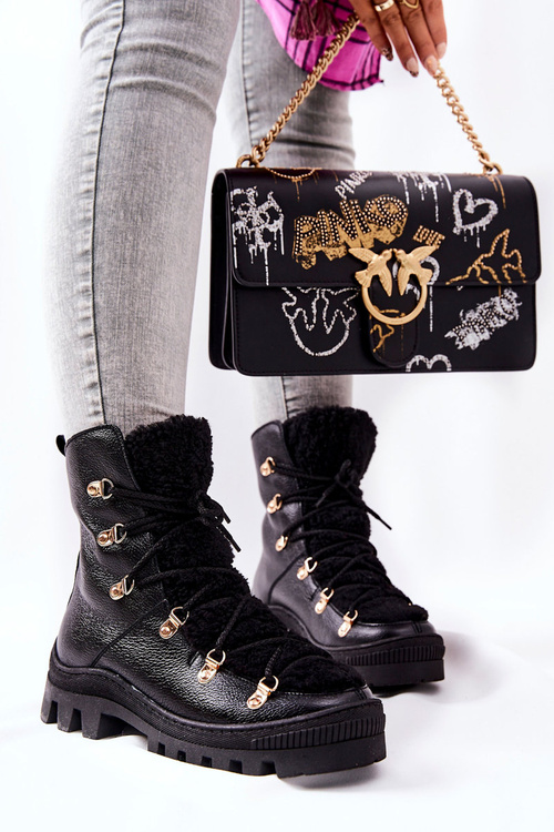 Padded Leather Trapper Boots Black Cateline