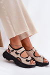 Leather Women's Sandals With Velcro Beige Artiker 56C0471