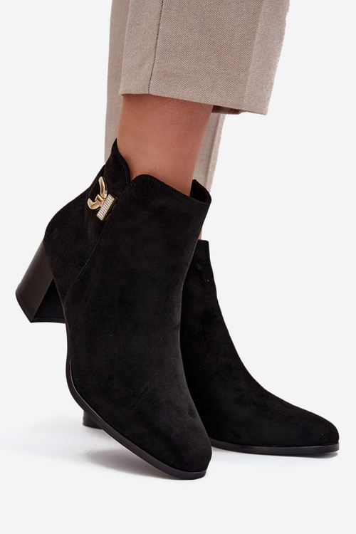 Damskie Botki Obcas Słupek Złoty Detal Ocieplane Czarne Renora