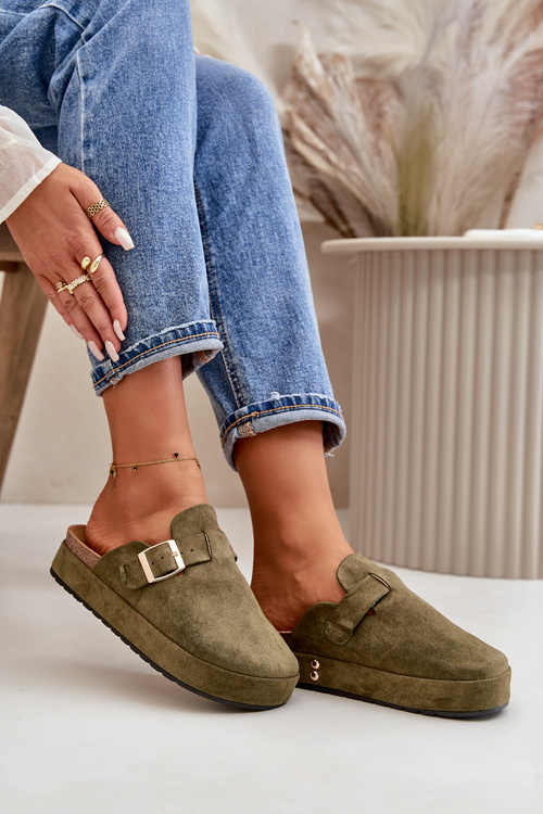 Women's Platform Clogs With Golden Buckle Dark Green Terilaina